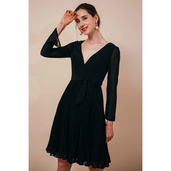 Deep V-neck Long sleeves Bowtie Little Black Dress
