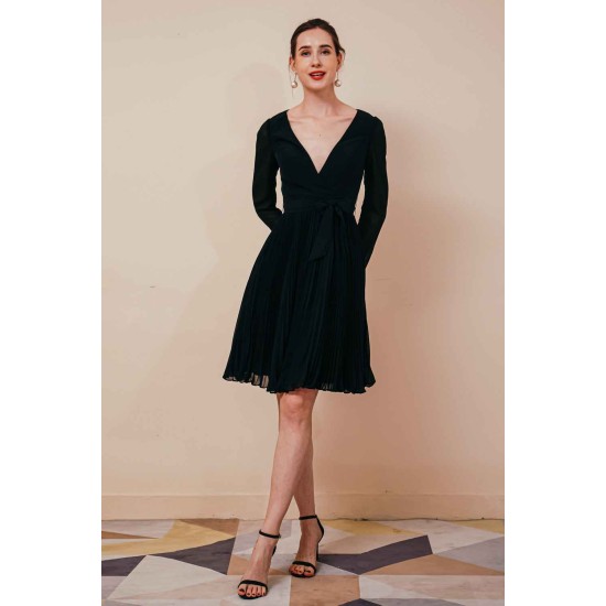 Deep V-neck Long sleeves Bowtie Little Black Dress