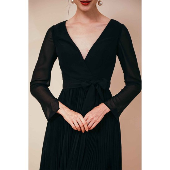 Deep V-neck Long sleeves Bowtie Little Black Dress