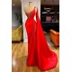 Unique Red Stones Sleeveless High split mermaid Evening Dress