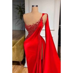Unique Red Stones Sleeveless High split mermaid Evening Dress