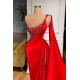 Unique Red Stones Sleeveless High split mermaid Evening Dress