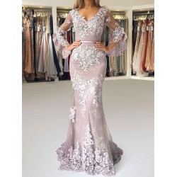 Eleagnt Evening Dress Mermaid V Neck Long Sleeves Zipper Lace Satin Fabric Formal Party Dresses With Train