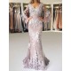 Eleagnt Evening Dress Mermaid V Neck Long Sleeves Zipper Lace Satin Fabric Formal Party Dresses With Train