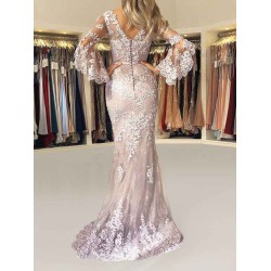 Eleagnt Evening Dress Mermaid V Neck Long Sleeves Zipper Lace Satin Fabric Formal Party Dresses With Train