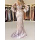 Eleagnt Evening Dress Mermaid V Neck Long Sleeves Zipper Lace Satin Fabric Formal Party Dresses With Train