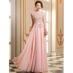 Eleagnt Evening Dresses Soft Pink Lace Applique Evening Dresses Chiffon Sleeveless Sash Floor Length Formal Gowns