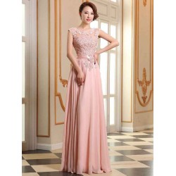 Eleagnt Evening Dresses Soft Pink Lace Applique Evening Dresses Chiffon Sleeveless Sash Floor Length Formal Gowns