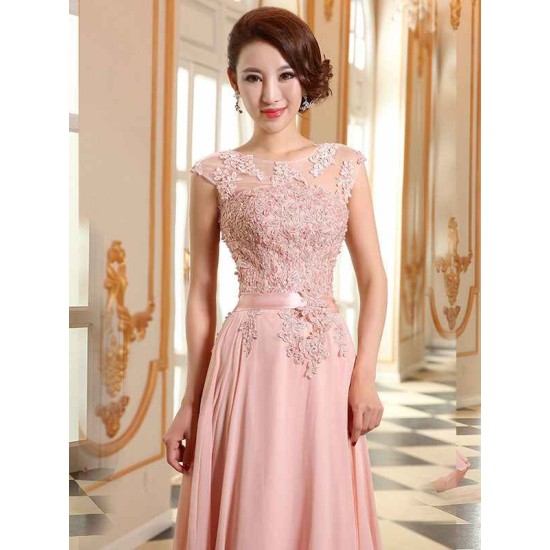 Eleagnt Evening Dresses Soft Pink Lace Applique Evening Dresses Chiffon Sleeveless Sash Floor Length Formal Gowns