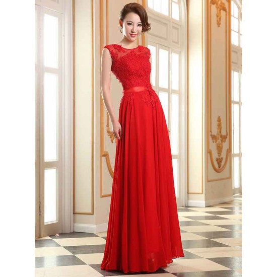 Eleagnt Evening Dresses Soft Pink Lace Applique Evening Dresses Chiffon Sleeveless Sash Floor Length Formal Gowns