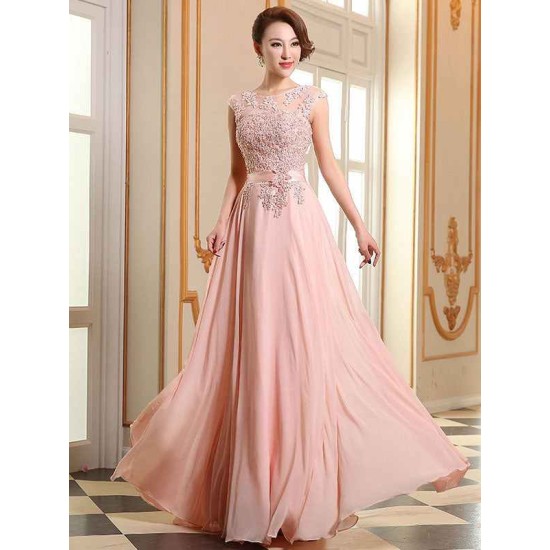 Eleagnt Evening Dresses Soft Pink Lace Applique Evening Dresses Chiffon Sleeveless Sash Floor Length Formal Gowns