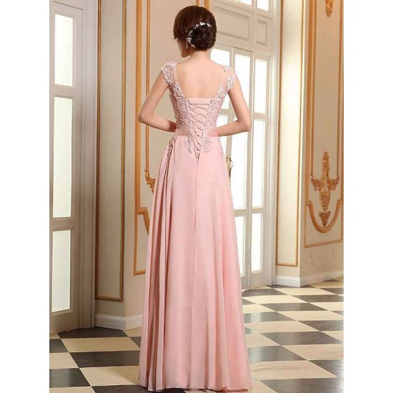 Eleagnt Evening Dresses Soft Pink Lace Applique Evening Dresses Chiffon Sleeveless Sash Floor Length Formal Gowns