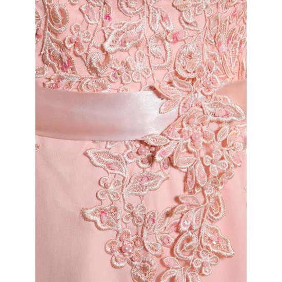 Eleagnt Evening Dresses Soft Pink Lace Applique Evening Dresses Chiffon Sleeveless Sash Floor Length Formal Gowns