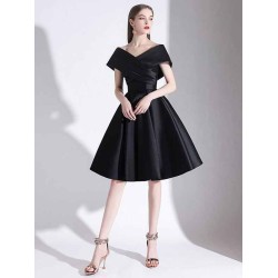 Charming Evening Dress A-Line V-Neck Knee-Length Short Sleeves Lace-up Pleated Satin Fabric Cocktail Dress Little Black Dress