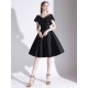 Charming Evening Dress A-Line V-Neck Knee-Length Short Sleeves Lace-up Pleated Satin Fabric Cocktail Dress Little Black Dress