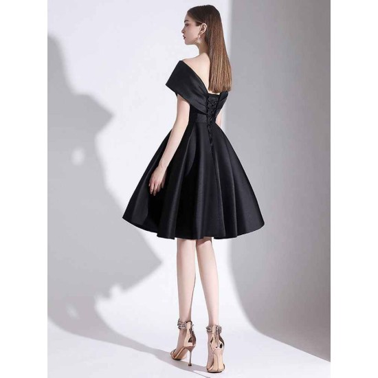 Charming Evening Dress A-Line V-Neck Knee-Length Short Sleeves Lace-up Pleated Satin Fabric Cocktail Dress Little Black Dress