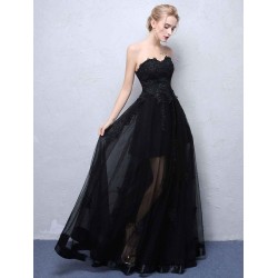 Charming Black Evening Dresses Strapless Long Party Dress Lace Applique Sweetheart Illusion Formal Evening Dress