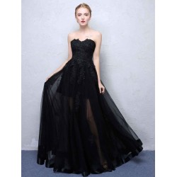 Charming Black Evening Dresses Strapless Long Party Dress Lace Applique Sweetheart Illusion Formal Evening Dress