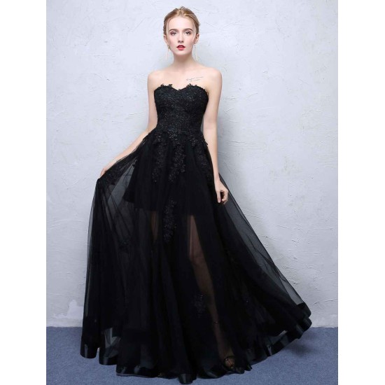 Charming Black Evening Dresses Strapless Long Party Dress Lace Applique Sweetheart Illusion Formal Evening Dress