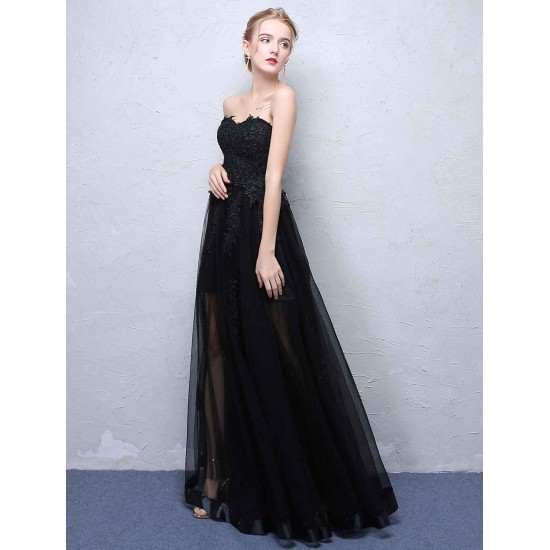 Charming Black Evening Dresses Strapless Long Party Dress Lace Applique Sweetheart Illusion Formal Evening Dress
