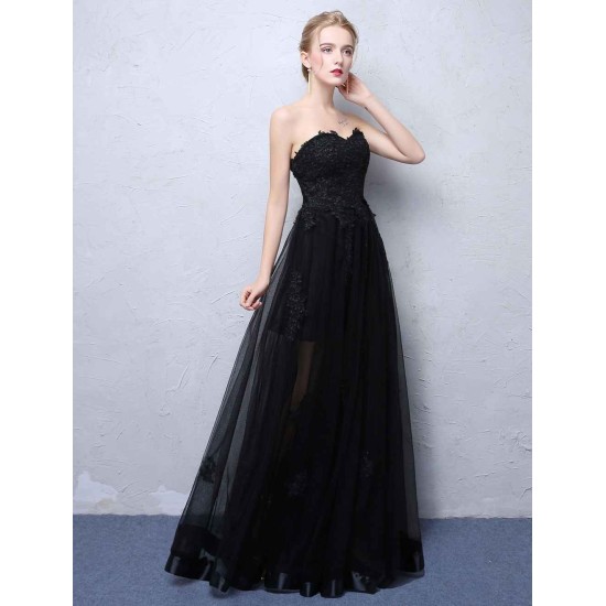 Charming Black Evening Dresses Strapless Long Party Dress Lace Applique Sweetheart Illusion Formal Evening Dress
