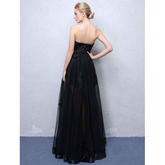 Charming Black Evening Dresses Strapless Long Party Dress Lace Applique Sweetheart Illusion Formal Evening Dress