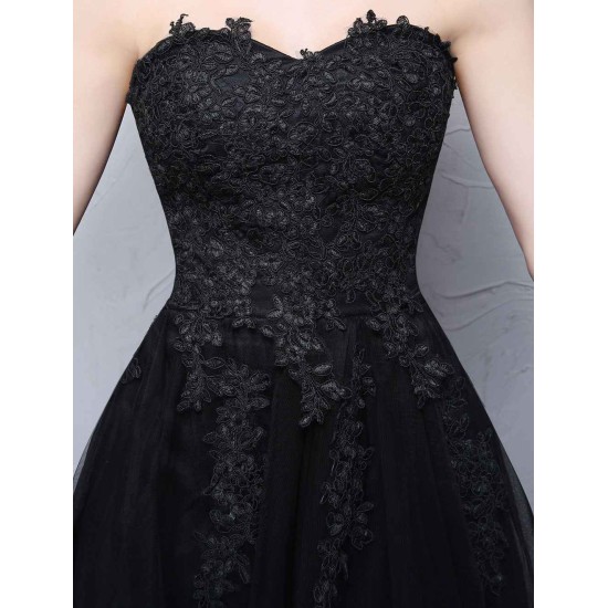 Charming Black Evening Dresses Strapless Long Party Dress Lace Applique Sweetheart Illusion Formal Evening Dress