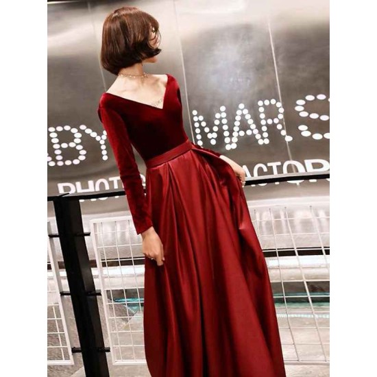 Charming Evening Dresses Long Sleeve V Neck Satin Velvet Floor Length Maxi Dresses