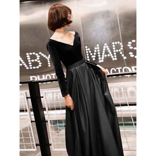Charming Evening Dresses Long Sleeve V Neck Satin Velvet Floor Length Maxi Dresses