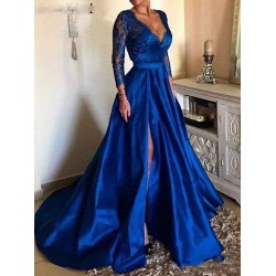 Charming Evening Dress Ball Gown V Neck 3/4 Length Sleeves Zipper Lace Satin Fabric Social Party Dresses With Train