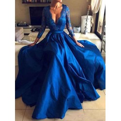 Charming Evening Dress Ball Gown V Neck 3/4 Length Sleeves Zipper Lace Satin Fabric Social Party Dresses With Train