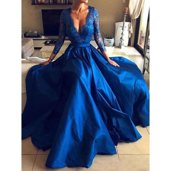 Charming Evening Dress Ball Gown V Neck 3/4 Length Sleeves Zipper Lace Satin Fabric Social Party Dresses With Train