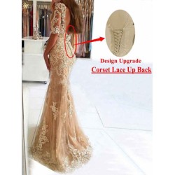 Charming Evening Dress Mermaid Illusion Neckline Lace Applique Formal Party Dresses With Train