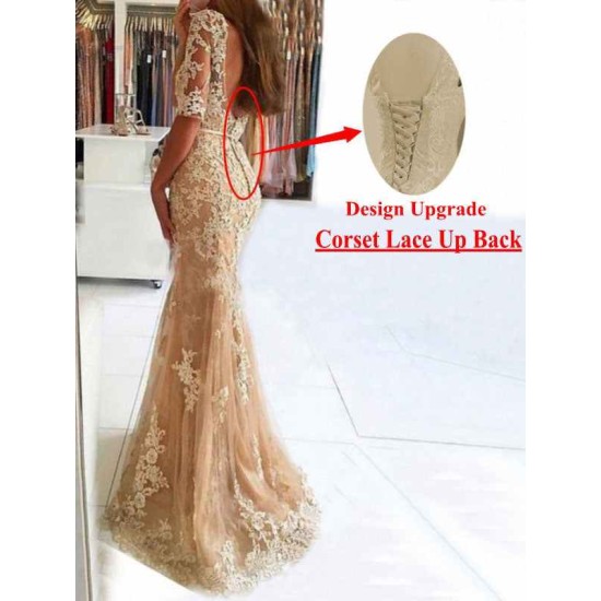 Charming Evening Dress Mermaid Illusion Neckline Lace Applique Formal Party Dresses With Train