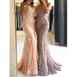 Charming Evening Dress Mermaid V Neck Satin Fabric Applique Formal Party Dresses With Train