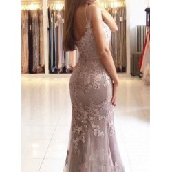Charming Evening Dress Mermaid V Neck Satin Fabric Applique Formal Party Dresses With Train