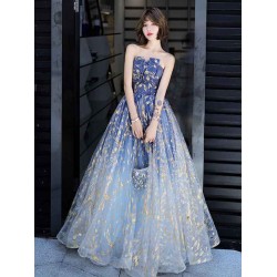 Charming Evening Dress A-Line Strapless Matte Satin Floor-Length Pleated Sequined evening dress
