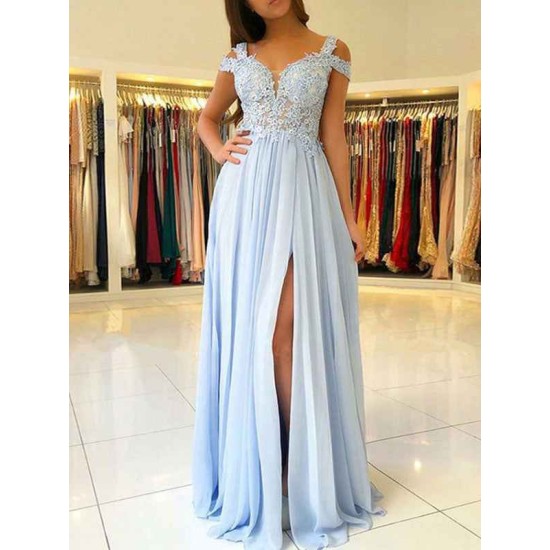 Classic Chiffon Evening Dress A Line V Neck Floor Length Split Front Party Dresses Evening Dresses