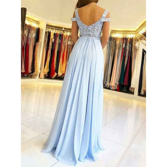Classic Chiffon Evening Dress A Line V Neck Floor Length Split Front Party Dresses Evening Dresses