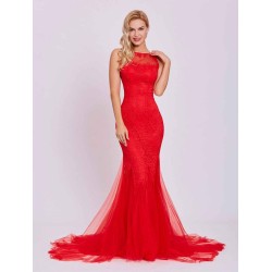 Classic Red Evening Dresses  Long Backless Sexy Evening Dress Lace Mermaid Tulle Formal Gown With Train wedding guest dress