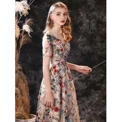 Gorgeous Evening Dress A-Line Jewel Neck Lace Tea-Length Social Pageant Dresses