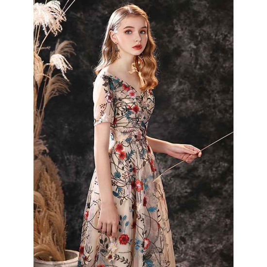 Gorgeous Evening Dress A-Line Jewel Neck Lace Tea-Length Social Pageant Dresses