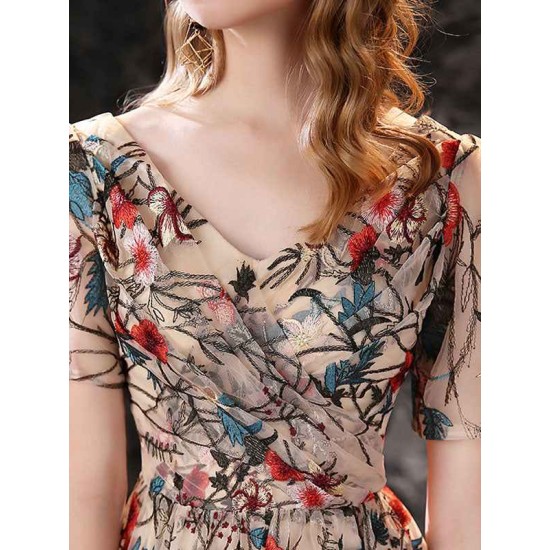 Gorgeous Evening Dress A-Line Jewel Neck Lace Tea-Length Social Pageant Dresses