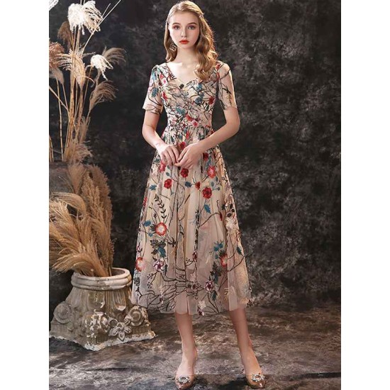 Gorgeous Evening Dress A-Line Jewel Neck Lace Tea-Length Social Pageant Dresses