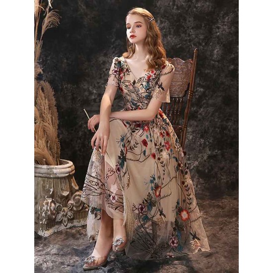 Gorgeous Evening Dress A-Line Jewel Neck Lace Tea-Length Social Pageant Dresses