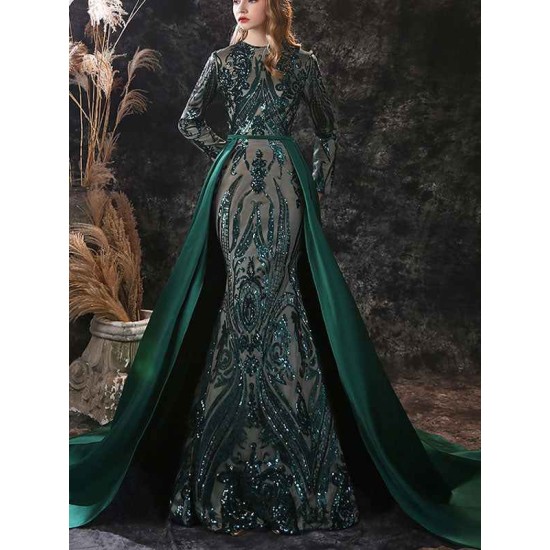 Gorgeous Evening Dress Mermaid Jewel Neck With Train Long Sleeves Zipper Lace Lace Social Pageant Dresses