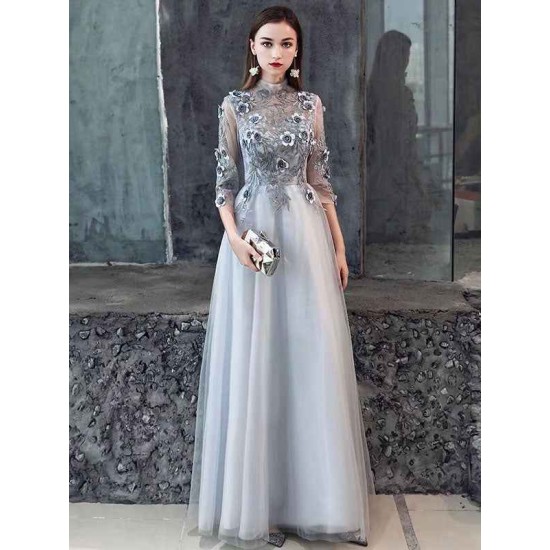Gorgeous Ormal Dinner Dress  Flower Lace Applique Half Sleeve Floor Length Social Evening Party Dresses