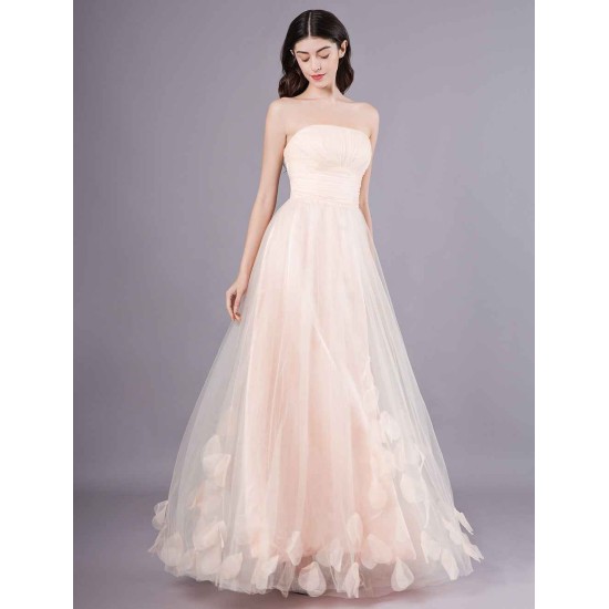 Gorgeous Peach Strapless evening dress A Line Flower Tulle Floor Length Homecoming Dress
