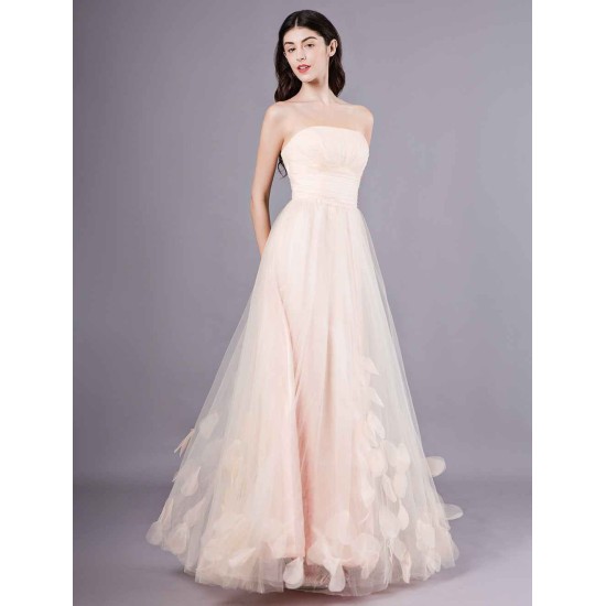Gorgeous Peach Strapless evening dress A Line Flower Tulle Floor Length Homecoming Dress