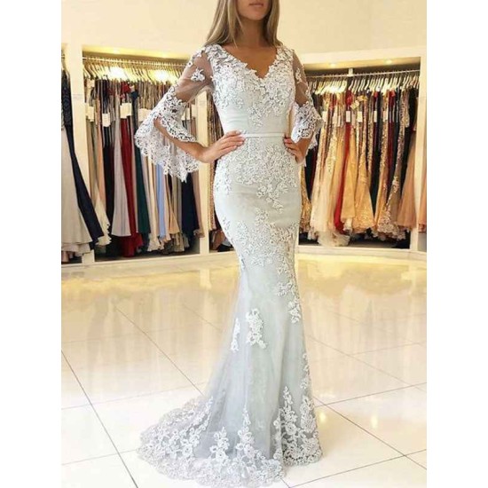 Gorgeous Lace Evening Dress Ivory V Neck Long Sleeve Floor Length Formal Dress Mermaid Party Dresses